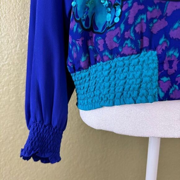 Diane Gilman Women's S Maximalist Silk Bomber Jacket Leopard Vibrant Blue Sequin - Picture 2 of 6